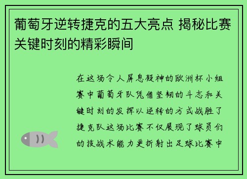 葡萄牙逆转捷克的五大亮点 揭秘比赛关键时刻的精彩瞬间 葡萄牙逆转捷克的五大亮点 揭秘比赛关键时刻的精彩瞬间