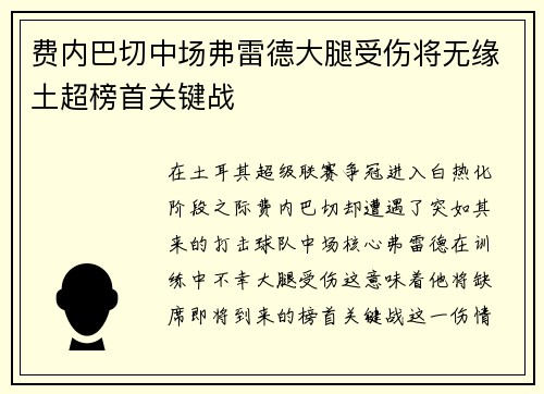 费内巴切中场弗雷德大腿受伤将无缘土超榜首关键战 费内巴切中场弗雷德大腿受伤将无缘土超榜首关键战