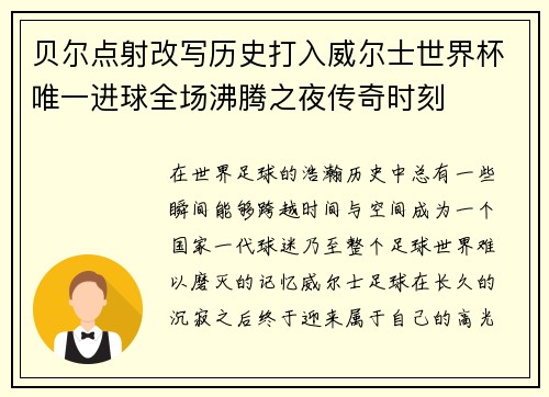 贝尔点射改写历史打入威尔士世界杯唯一进球全场沸腾之夜传奇时刻